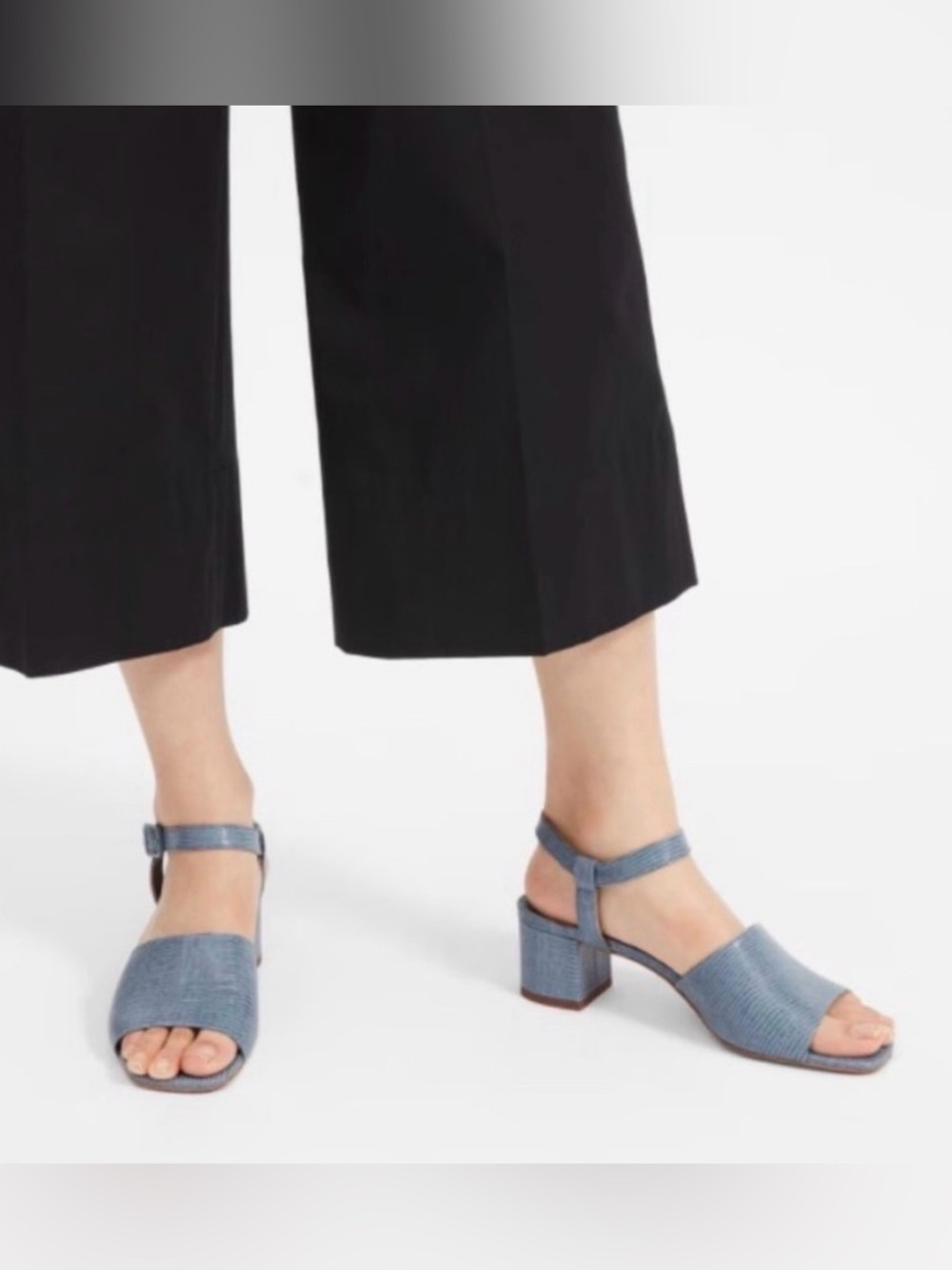 everlane blue lizard block heel sandals made in italy